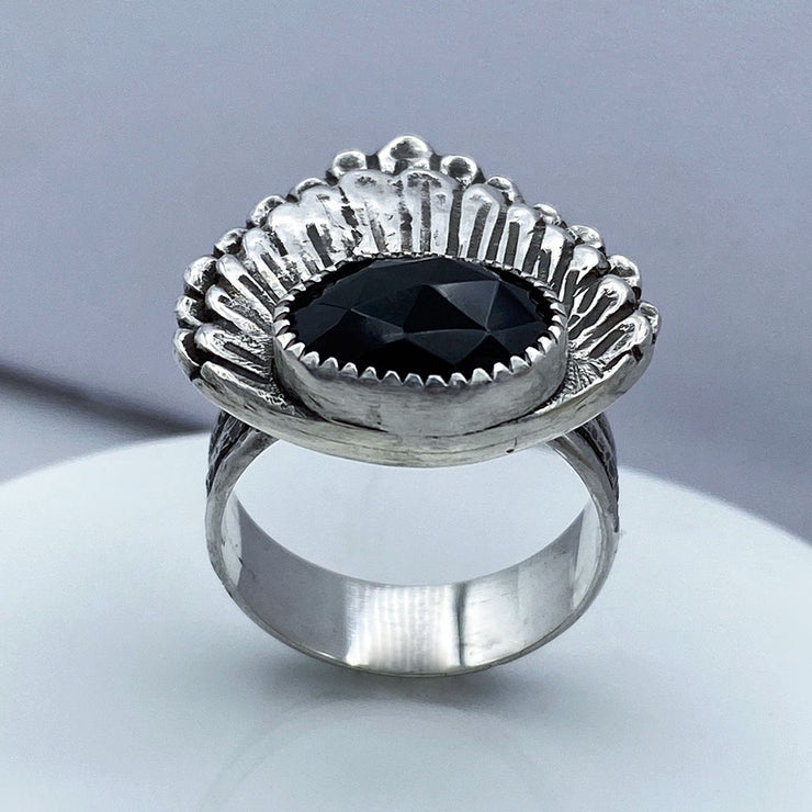 Black Onyx Rose Cut Sterling Silver Double Shell Ring Front
