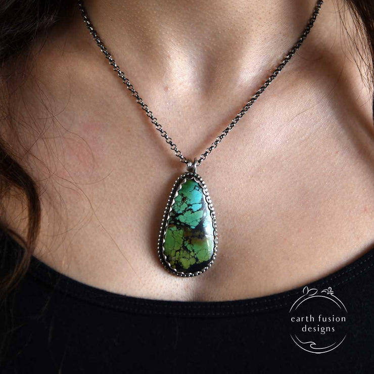 Hubei Turquoise Sterling Silver Woodland Reversible Necklace on Model