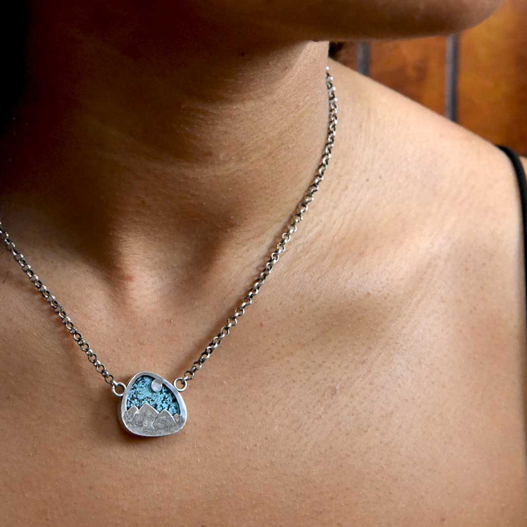 Hubei Turquoise Sterling Silver Mountain View Reversible Necklace Reverse View on Model