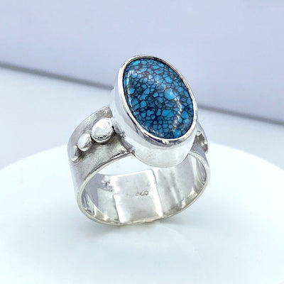 Oval Blue Hubei Turquoise Sterling Silver Six Pebbles Ring