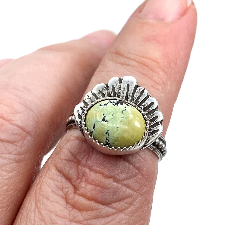New Lander Turquoise Sterling and Argentium Silver Shell Ring on Finger