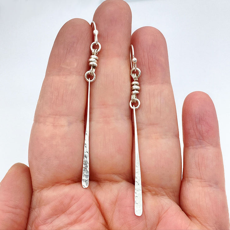 Sterling Silver Paddle Bar Earrings with Beads Size medium size comparison in hand