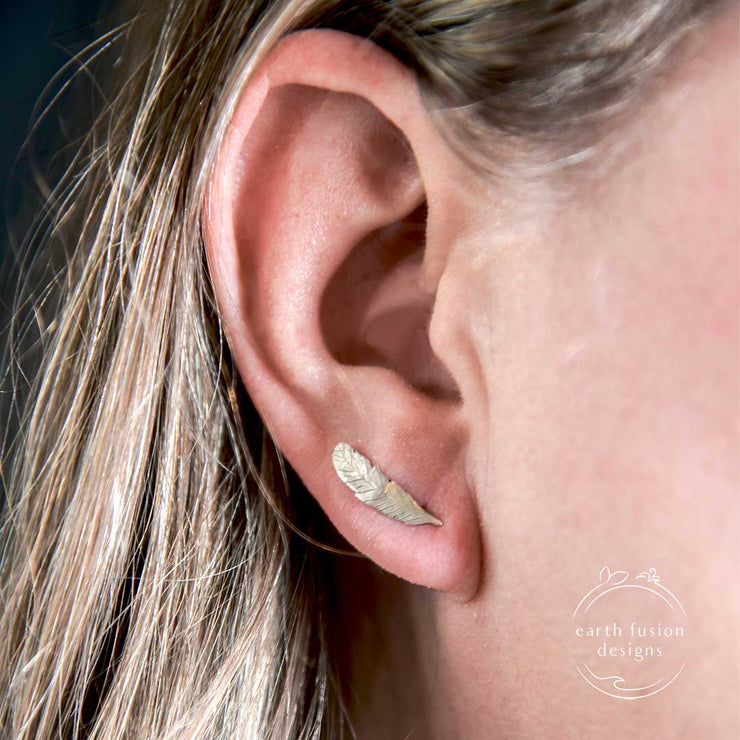 Sterling Silver Feather Ear Climber Post Earrings on Model