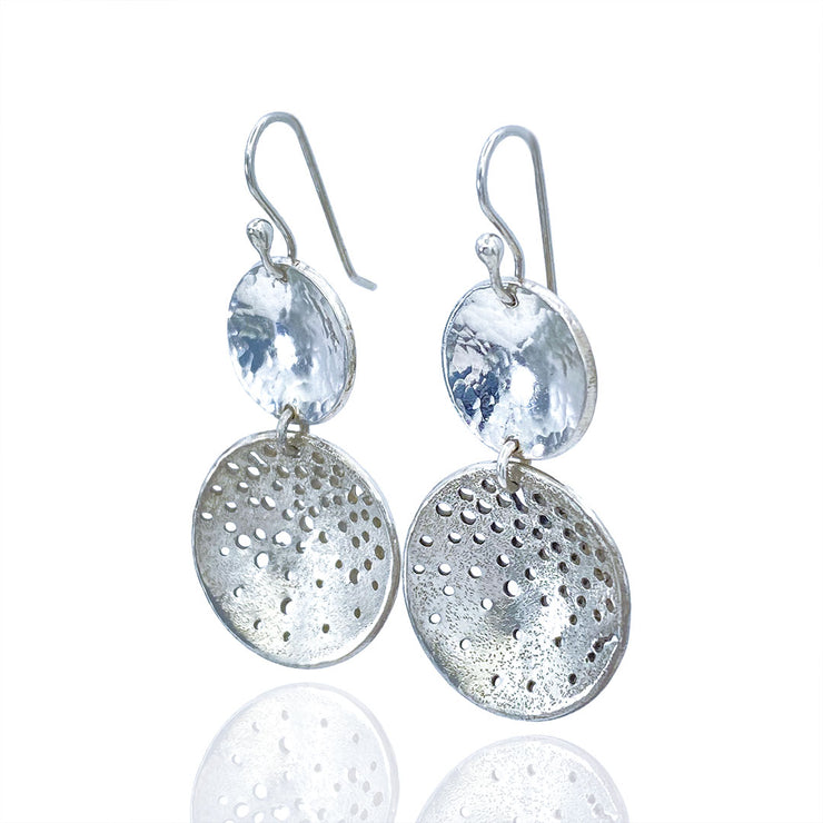 Sterling Silver Hammered and Distressed Disc Earrings three quarter view