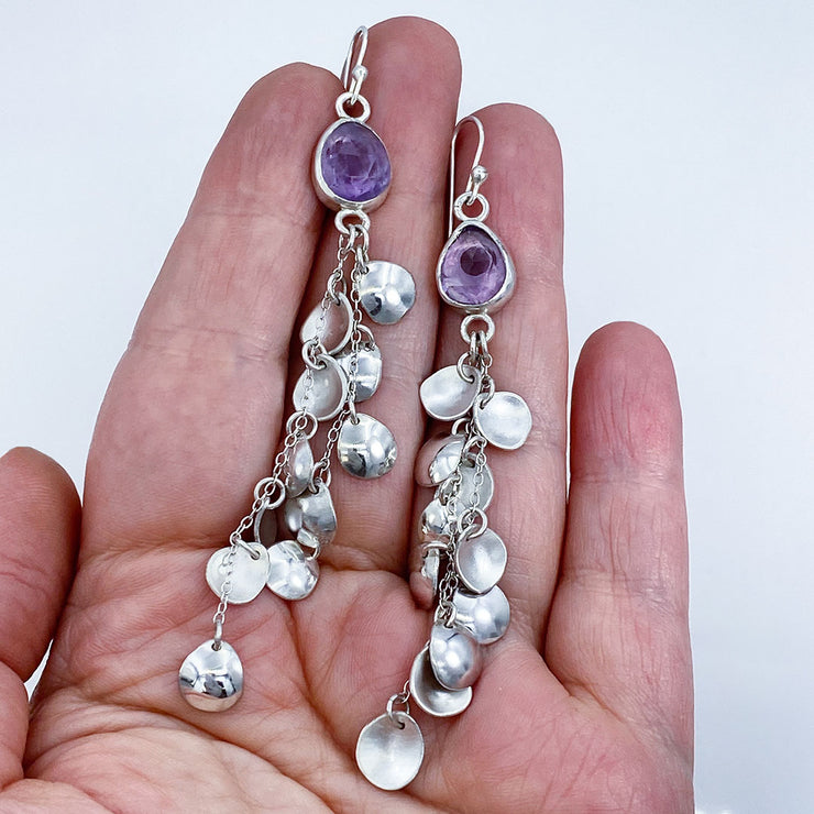 Amethyst Sterling Silver Petal Drop Earrings Size Comparison to Hand