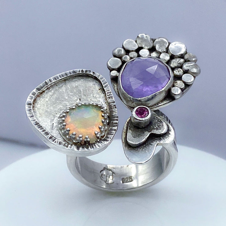Amethyst Welo Opal Tourmaline Sterling Silver Spring Meadow Ring Front
