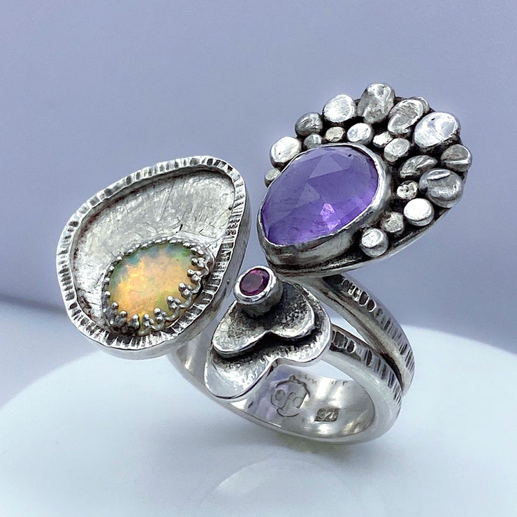 Amethyst Welo Opal Tourmaline Sterling Silver Spring Meadow Ring Right Side
