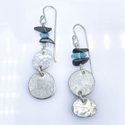 Aquamarine Hematite Beaded Sterling Silver Double Pebble Earrings Laying Flat