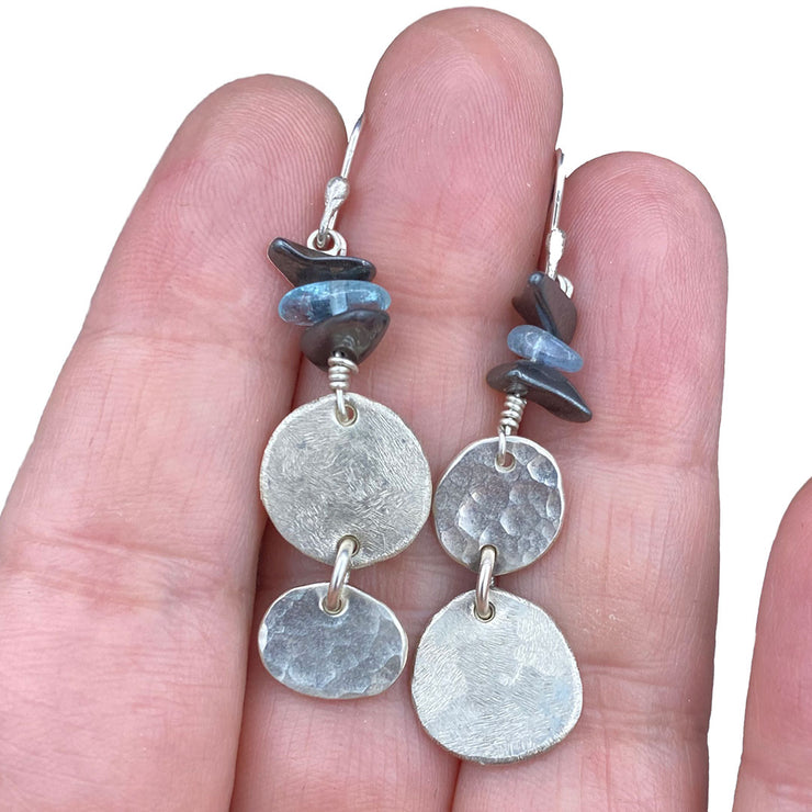 Aquamarine Hematite Beaded Sterling Silver Double Pebble Earrings Size Comparison to hand