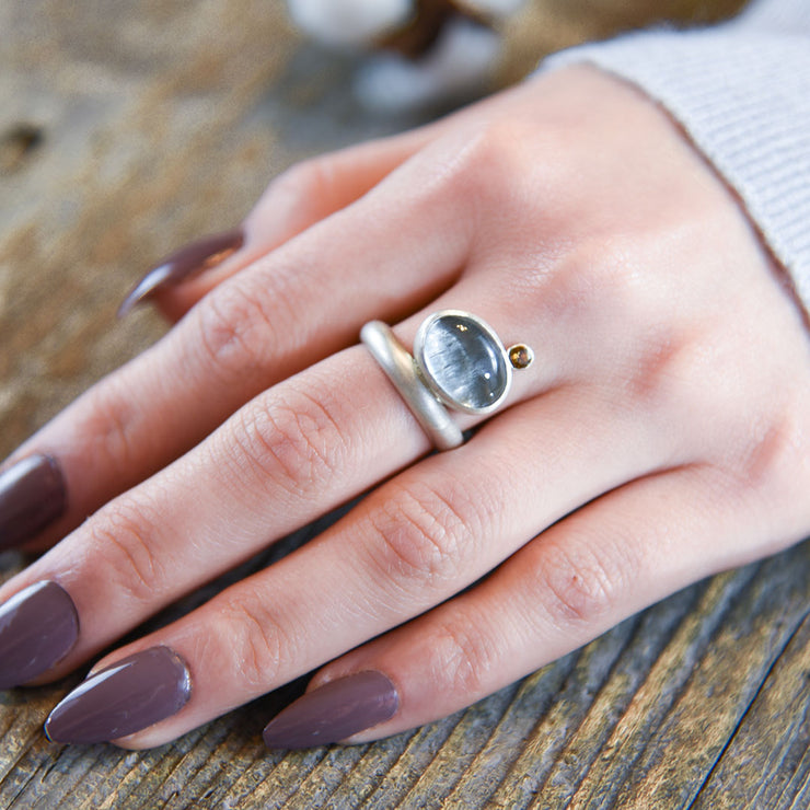 Aquamarine Tourmaline Sterling Silver Floating Ring on Model's finger