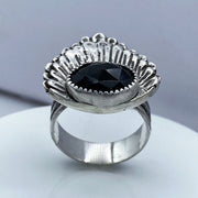 Black Onyx Rose Cut Sterling Silver Double Shell Ring Front
