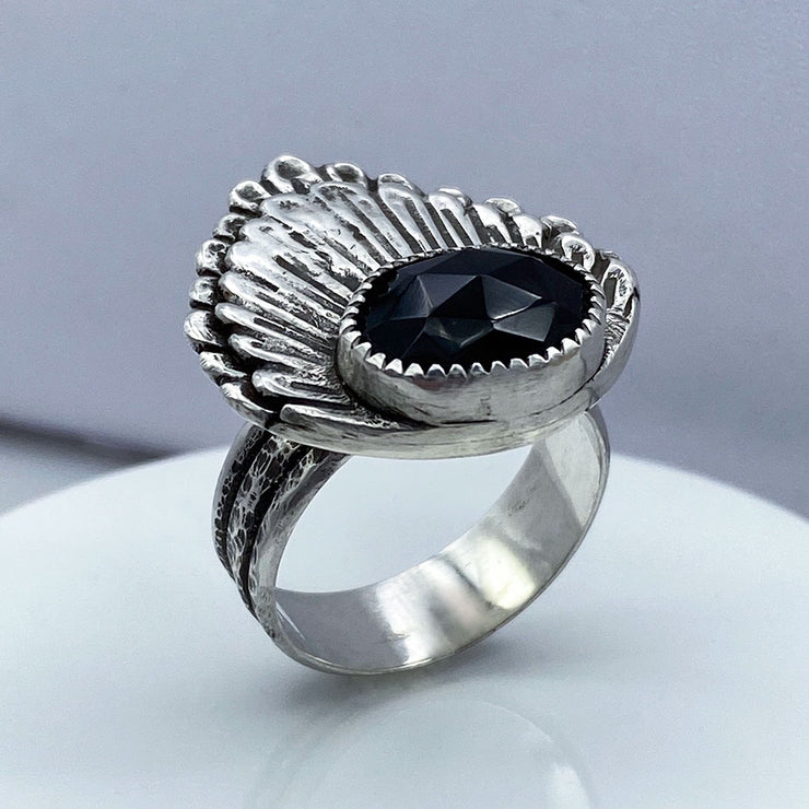 Black Onyx Rose Cut Sterling Silver Double Shell Ring Three Quarter View