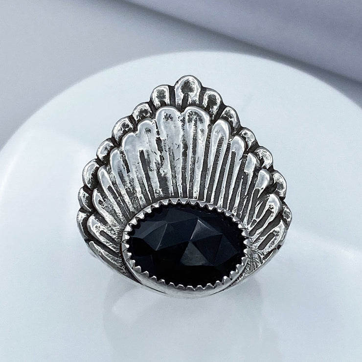 Black Onyx Rose Cut Sterling Silver Double Shell Ring Top