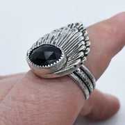 Black Onyx Rose Cut Sterling Silver Double Shell Ring on Finger Side View