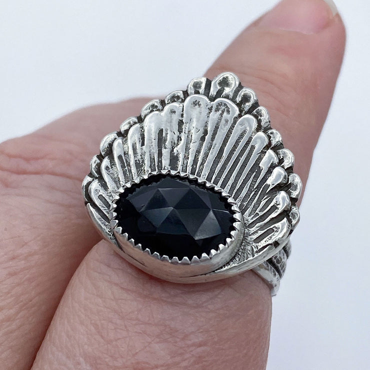 Black Onyx Rose Cut Sterling Silver Double Shell Ring on Finger