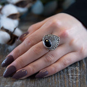 Black Onyx Rose Cut Sterling Silver Double Shell Ring on Model