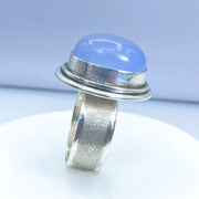 Oval Blue Chalcedony Brushed Sterling Silver Ring Left Side