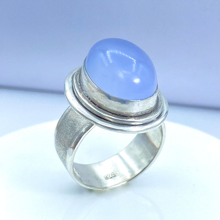 Oval Blue Chalcedony Brushed Sterling Silver Ring