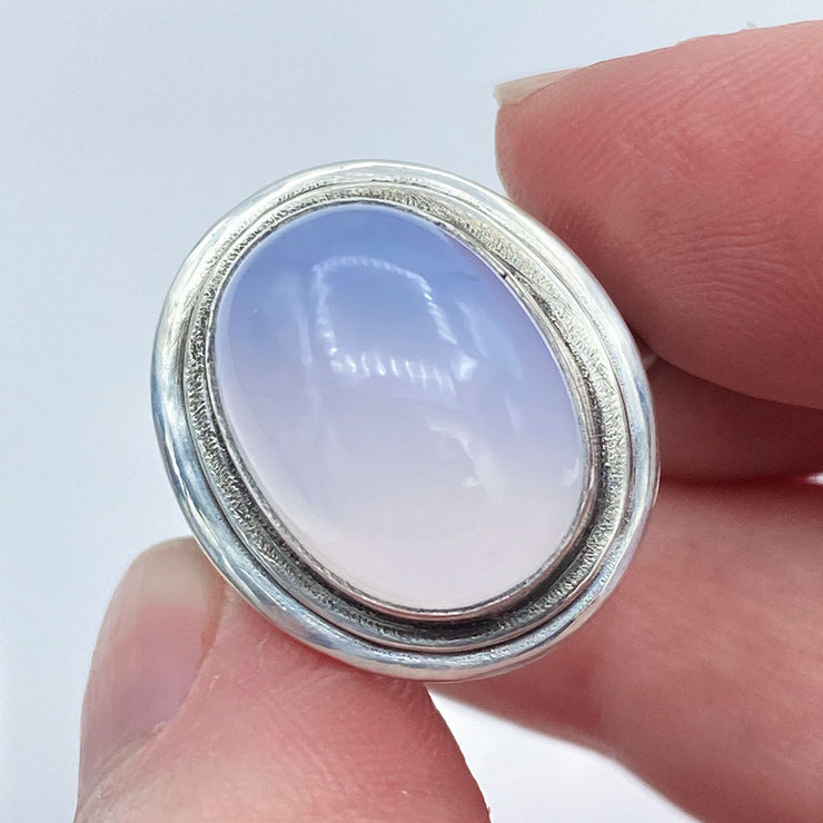 Oval Blue Chalcedony Brushed Sterling Silver Ring Top View