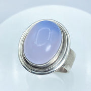 Oval Blue Chalcedony Brushed Sterling Silver Ring Top Three Quarter View