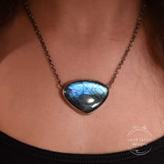 Blue Labradorite Sterling Silver Octopus Reversible Necklace Front View on model