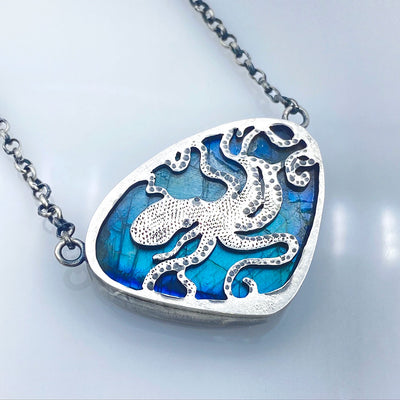 Blue Labradorite Sterling Silver Octopus Reversible Necklace Reverse View