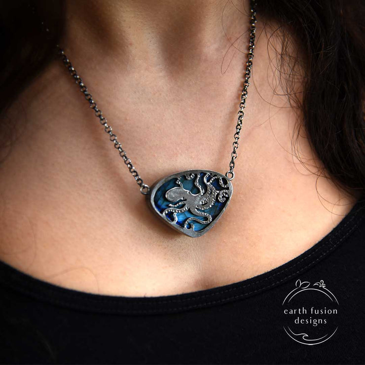 Blue Labradorite Sterling Silver Octopus Reversible Necklace Reverse View alternate view on model