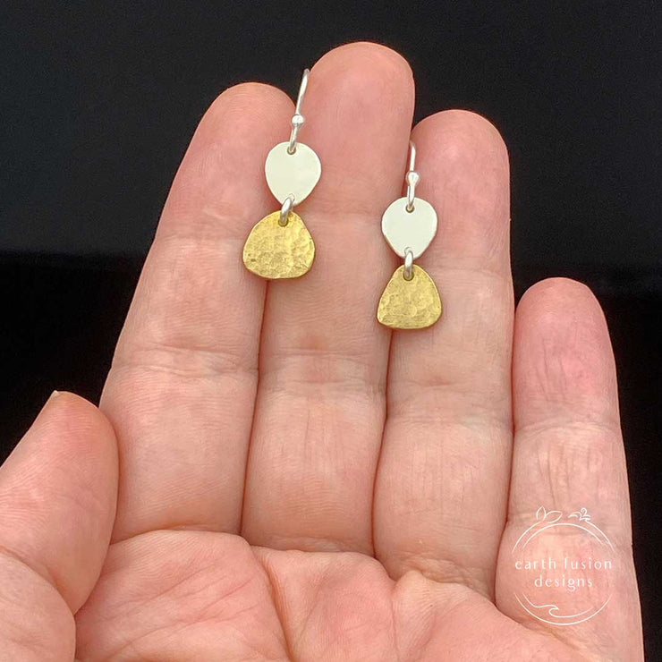 Brass Sterling Silver Two Pebble Drop Earrings Size Comparison to hand