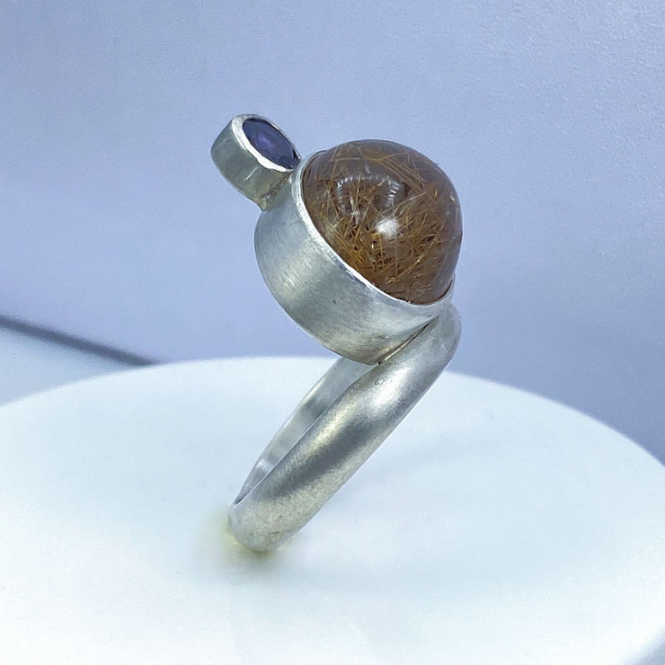 Golden Rutilated Quartz Iolite Sterling Silver Floating Ring Left Side