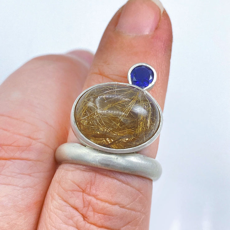 Golden Rutilated Quartz Iolite Sterling Silver Floating Ring on Finger