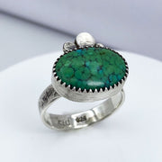 Green Hubei Turquoise Sterling Silver Three Pebble Ring Three Quarter View