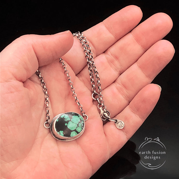 Green Hubei Turquoise Sterling Silver Reversible Vine Necklace Size Comparison to hand