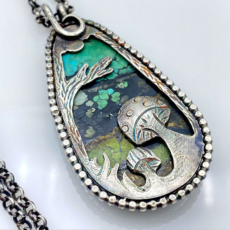 Hubei Turquoise Sterling Silver Woodland Reversible Necklace Back Closeup
