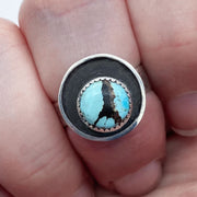 Hubei Turquoise Sterling Silver Shadow Ring on Finger Closeup