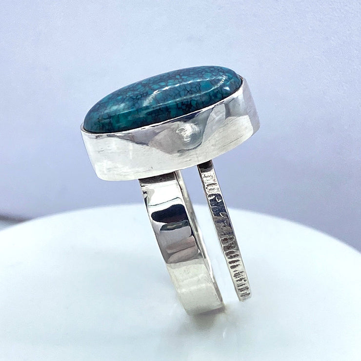 Oval Blue Green Hubei Turquoise Sterling Silver Double Band Ring Right Side