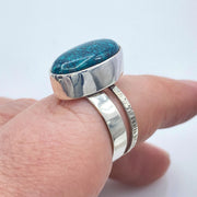 Oval Blue Green Hubei Turquoise Sterling Silver Double Band Ring on Finger showing bands
