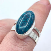 Oval Blue Green Hubei Turquoise Sterling Silver Double Band Ring on finger top view