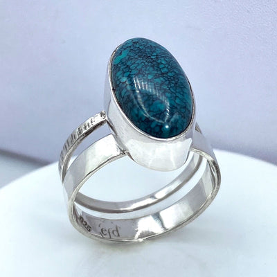 Oval Blue Green Hubei Turquoise Sterling Silver Double Band Ring