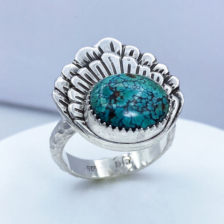 Hubei Turquoise Sterling Silver Double Shell Ring Three Quarter View