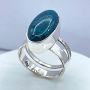 Oval Blue Green Hubei Turquoise Sterling Silver Double Band Ring Three Quarter View