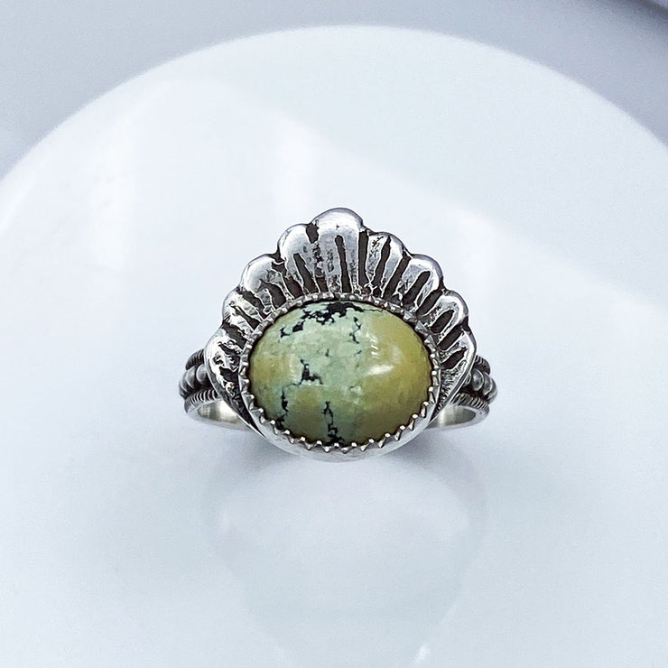New Lander Turquoise Sterling and Argentium Silver Shell Ring Top View
