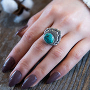 Hubei Turquoise Sterling Silver Double Shell Ring on Model's Hand