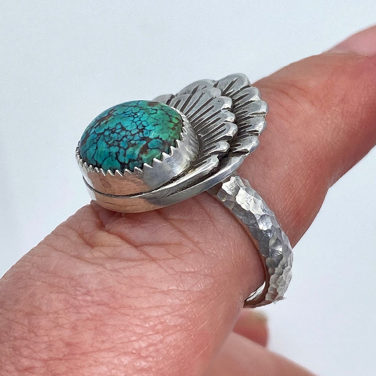 Hubei Turquoise Sterling Silver Double Shell Ring on Finger Side View