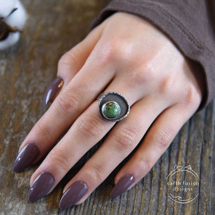 Hubei Turquoise Sterling Silver Modern Warped Circle Ring on Model