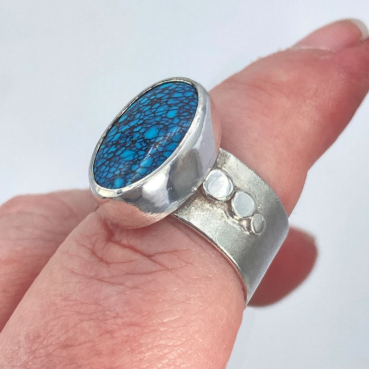 Oval Blue Hubei Turquoise Sterling Silver Six Pebbles Ring on finger side view