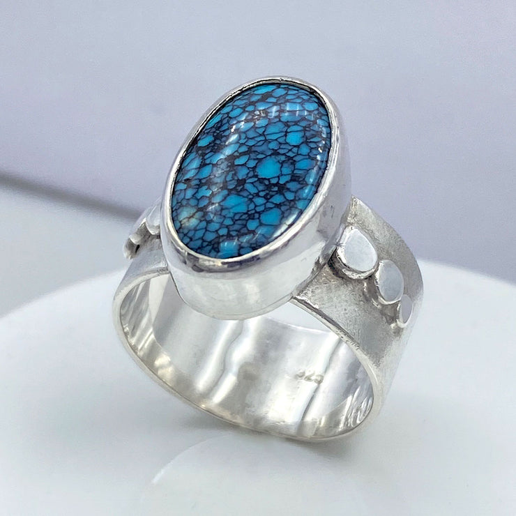 Oval Blue Hubei Turquoise Sterling Silver Six Pebbles Ring Three Quarter View