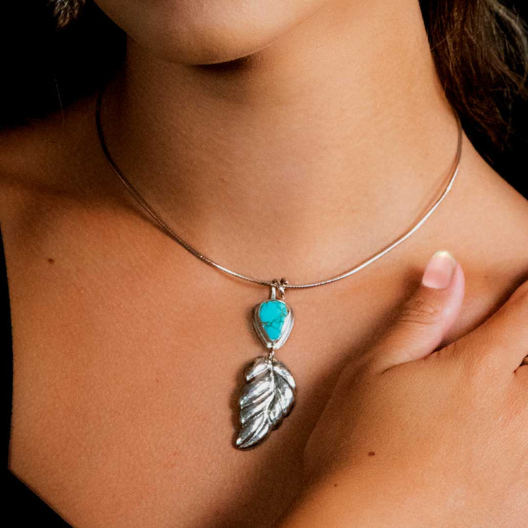 Kings Manassa Turquoise and Sterling Silver Repoussé Leaf Pendant on Model