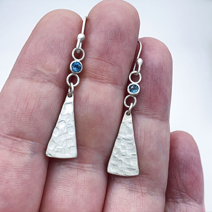London Blue Topaz Sterling Silver Triangle Drop Earrings size comparison to hand