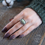 Nevada Silver Peak Variscite Halo Ring on Model's Hand