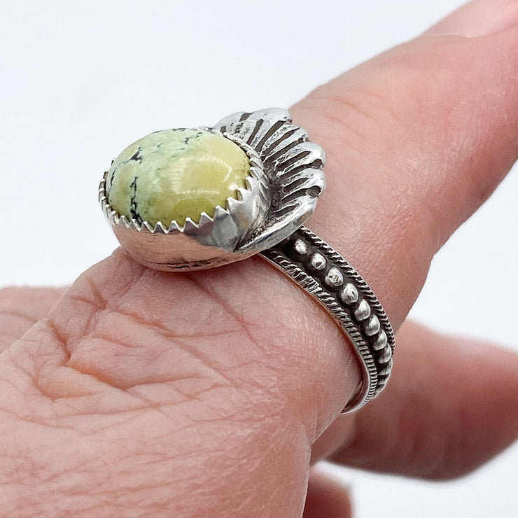 New Lander Turquoise Sterling and Argentium Silver Shell Ring on Finger Side View